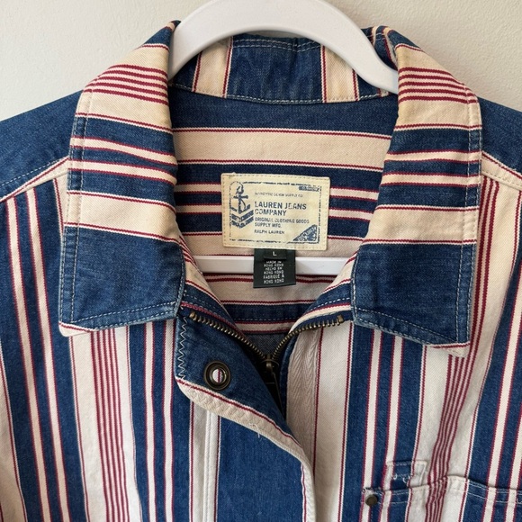 Ralph Lauren Jeans Company Striped Denim Jacket Zip Snap Red Cream Blue Large - Picture 2 of 6